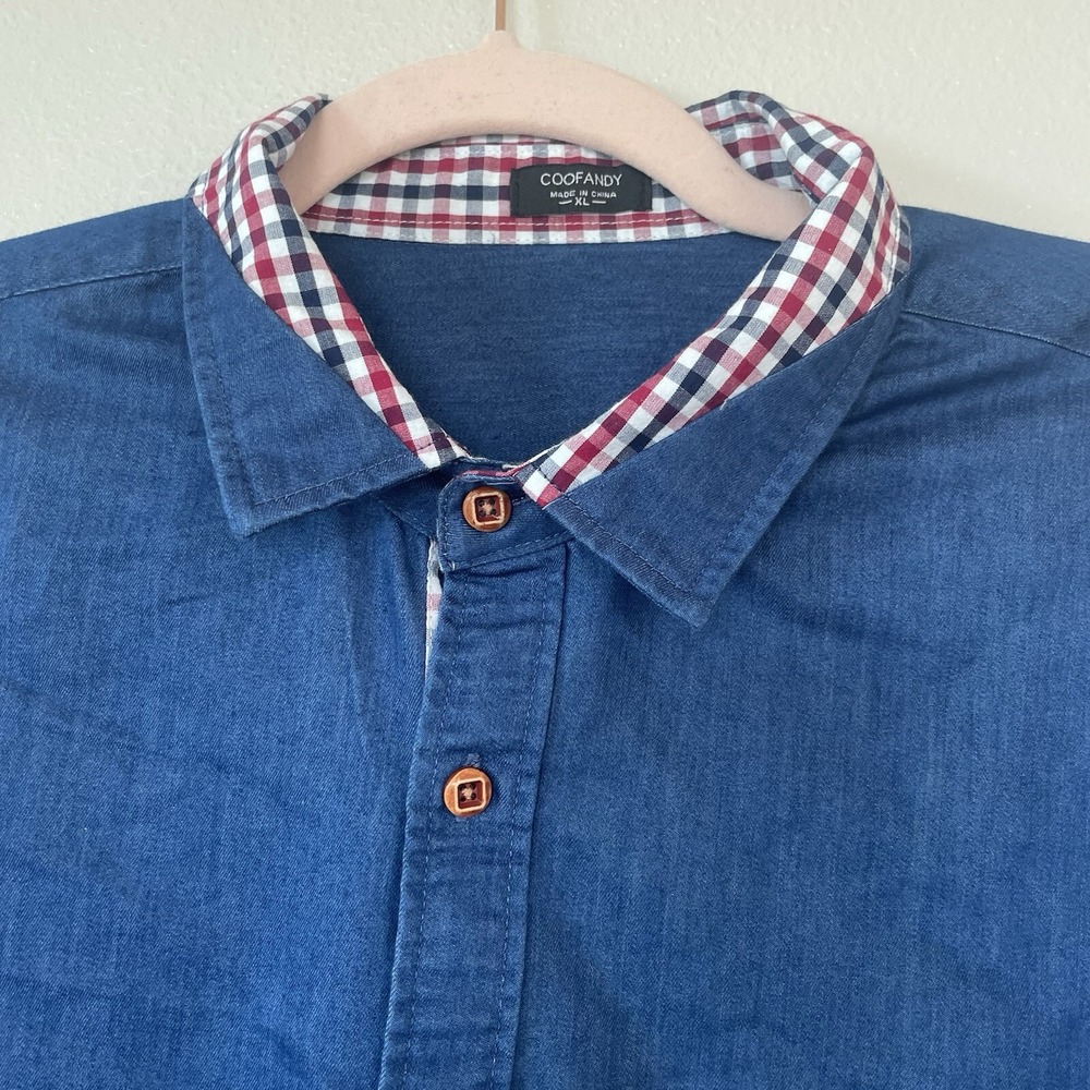Coofandy Blue Button Up Shirt Red Plaid Accents Mens Size XL Trendy Dress Casual - Picture 2 of 12